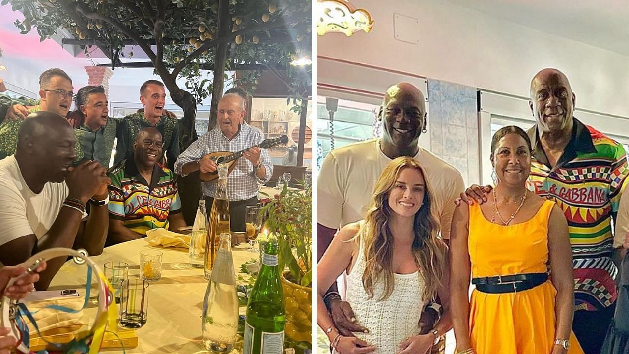 Billionaires Magic Johnson and Michael Jordan flip coins to decide who pays for dinner (Images via @magicjohnson Instagram)