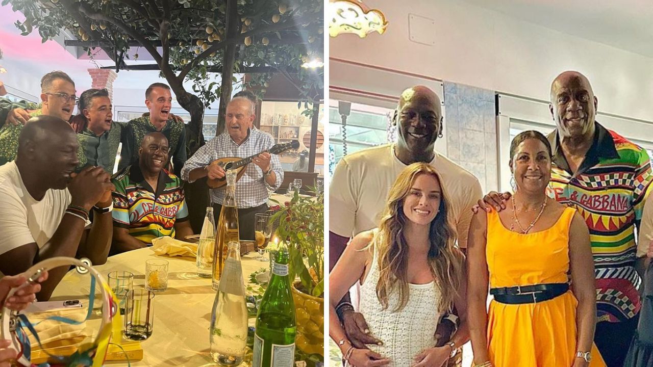 Billionaires Magic Johnson and Michael Jordan flip coins to decide who pays for dinner (Images via @magicjohnson Instagram)