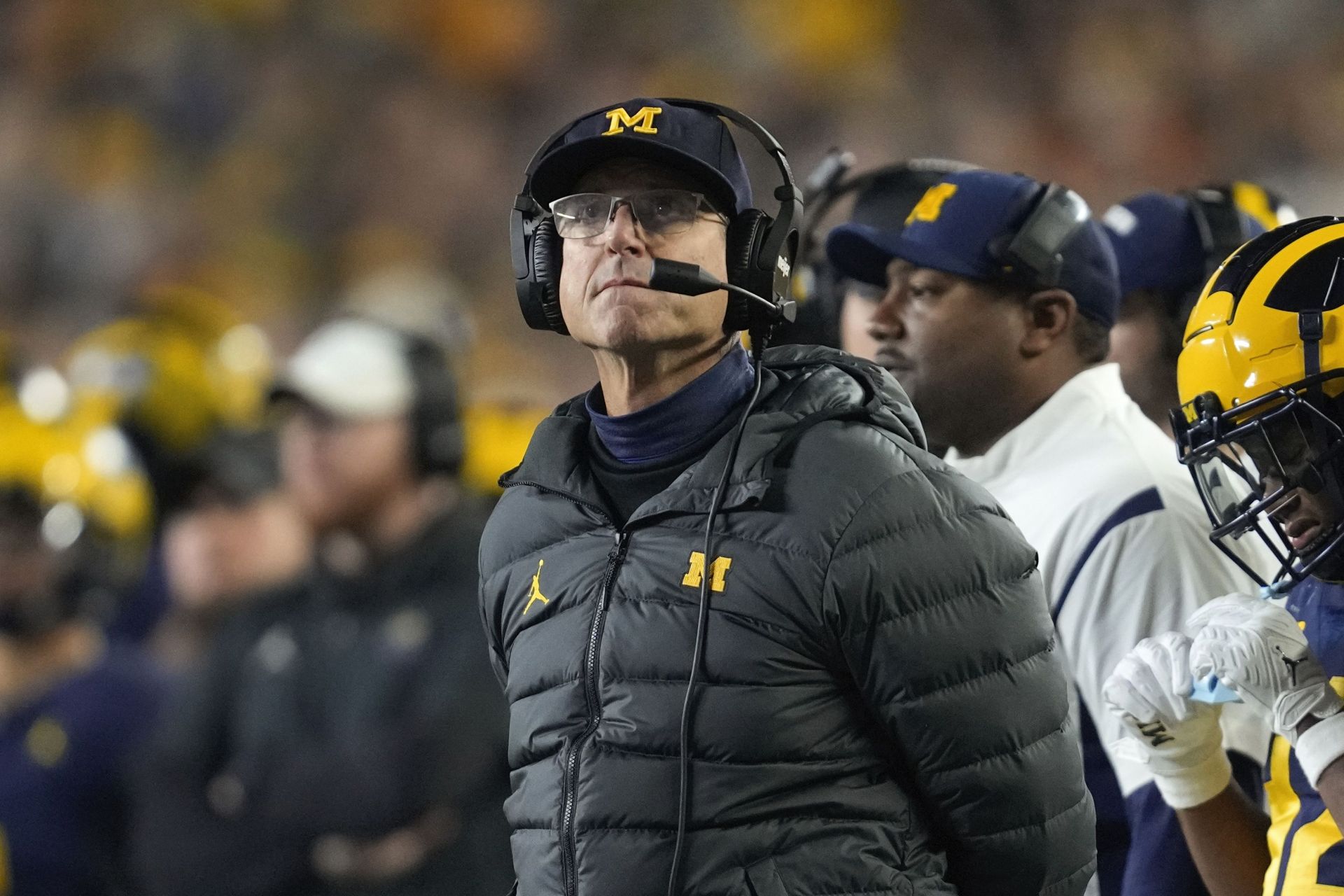 Purdue Michigan Football: Michigan head coach Jim Harbaugh watches against Purdue in the first half of an NCAA college football game in Ann Arbor, Mich., Saturday, Nov. 4, 2023. (AP Photo/Paul Sancya)