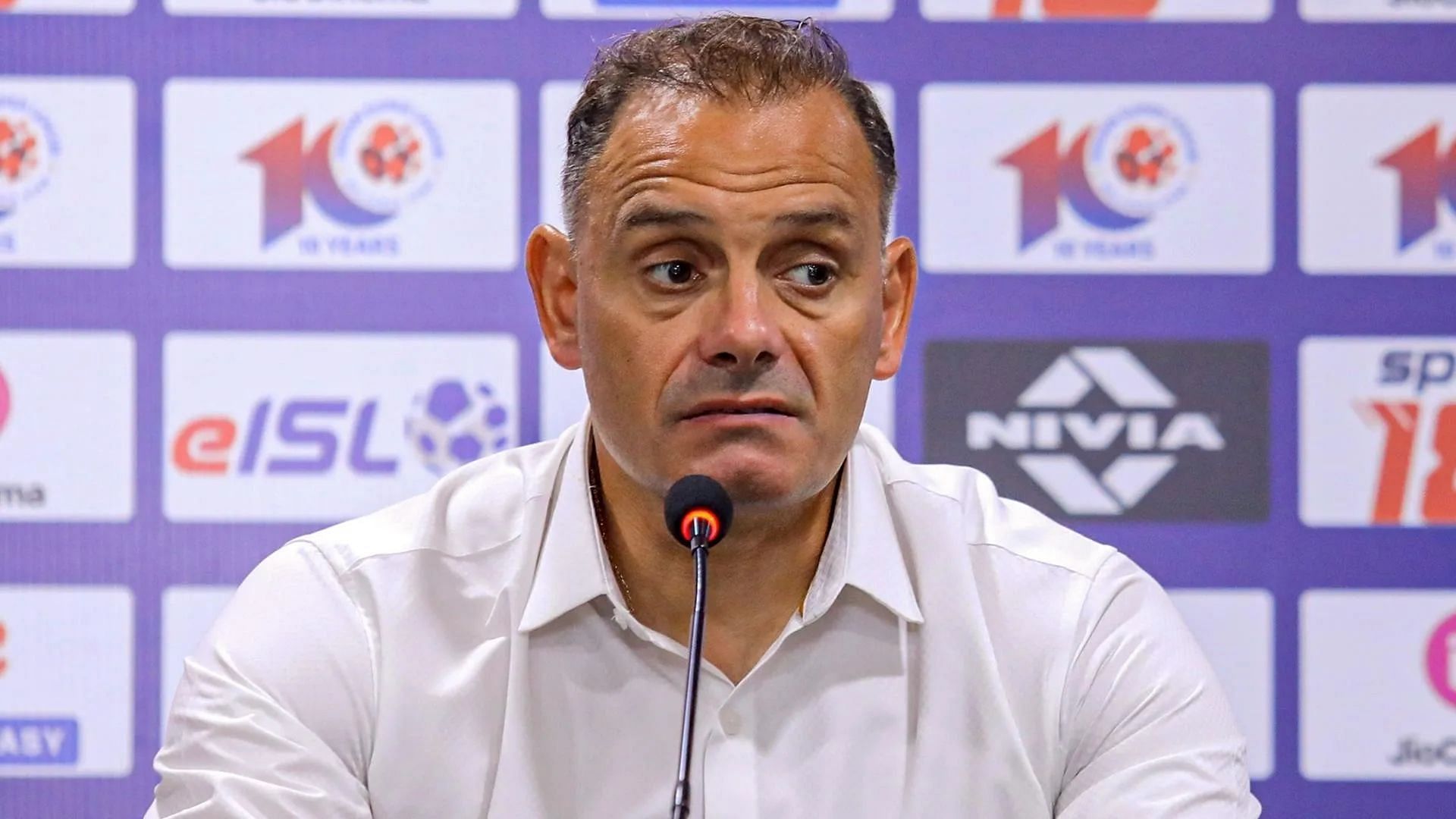 Punjab FC head coach Staikos Vergetis addressing the media on Tuesday. (ISL)