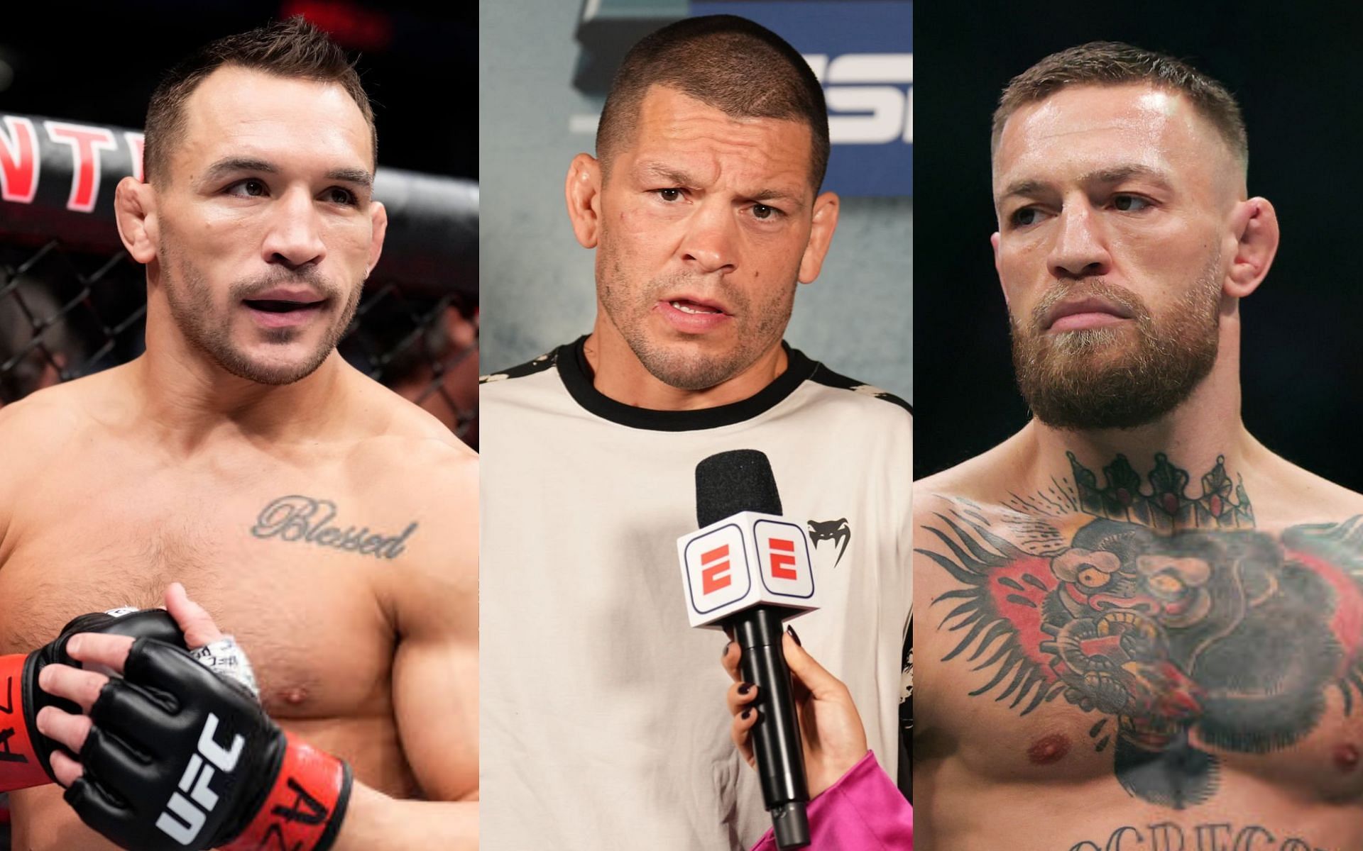 Michael Chandler (left), Nate Diaz (middle) and Conor McGregor (right) [Images Courtesy: @GettyImages]