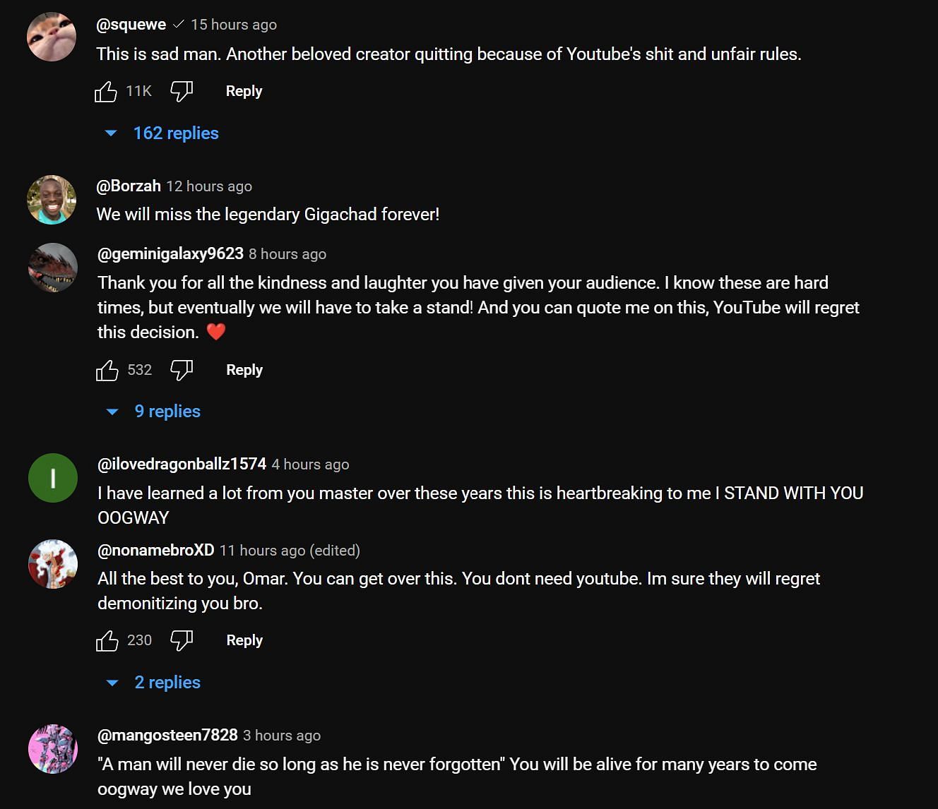 Fans share their support for the YouTuber. (Image via YouTube/Master Oogway)