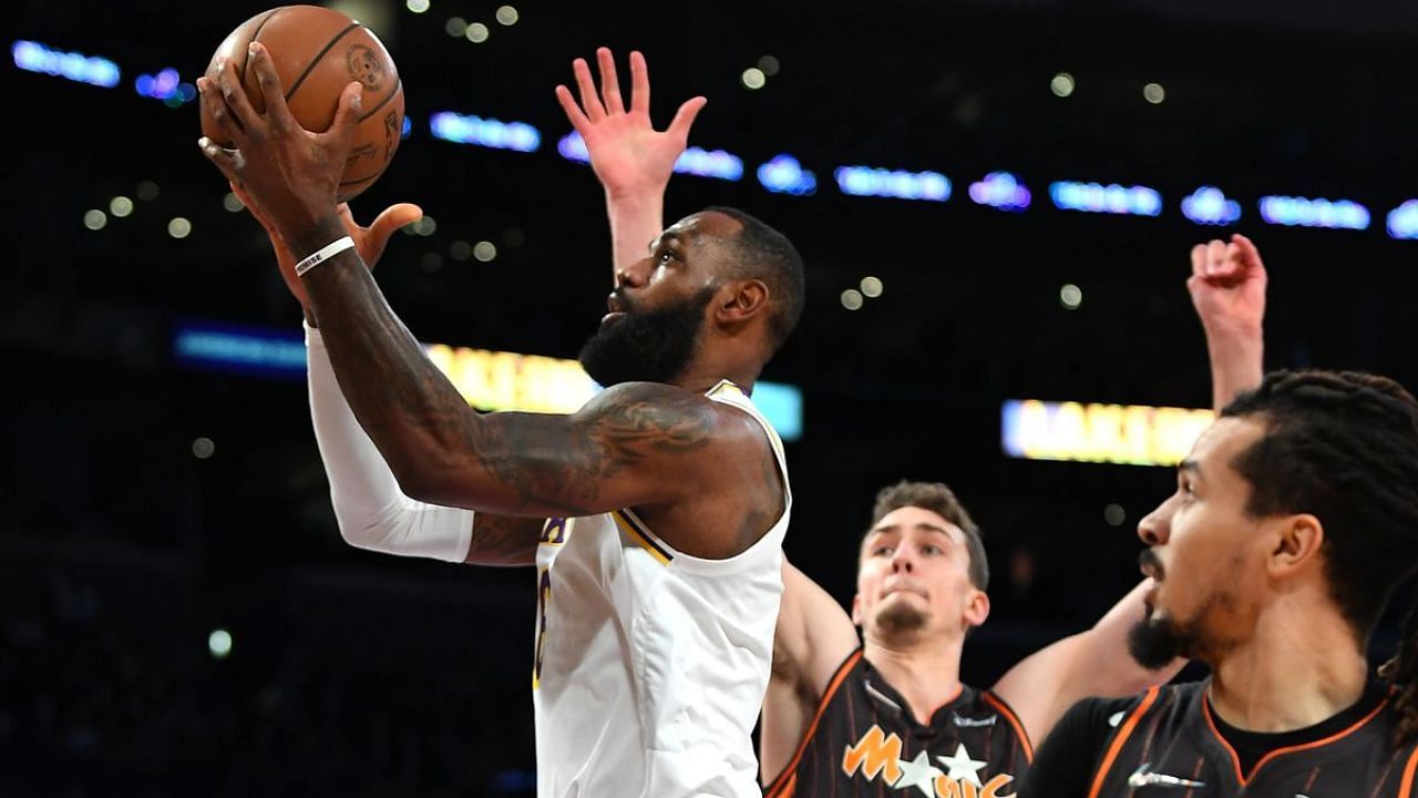 LeBron James going for a layup against the Orlando Magic.