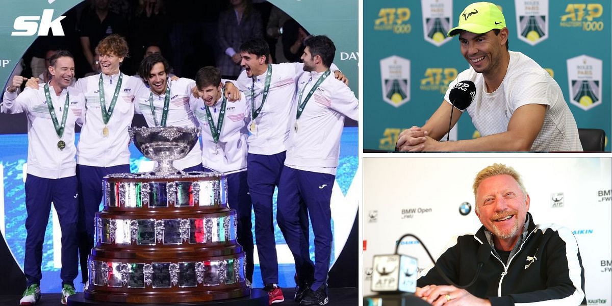 Rafael Nadal and Boris Becker congratulate Italy on Davis Cup win