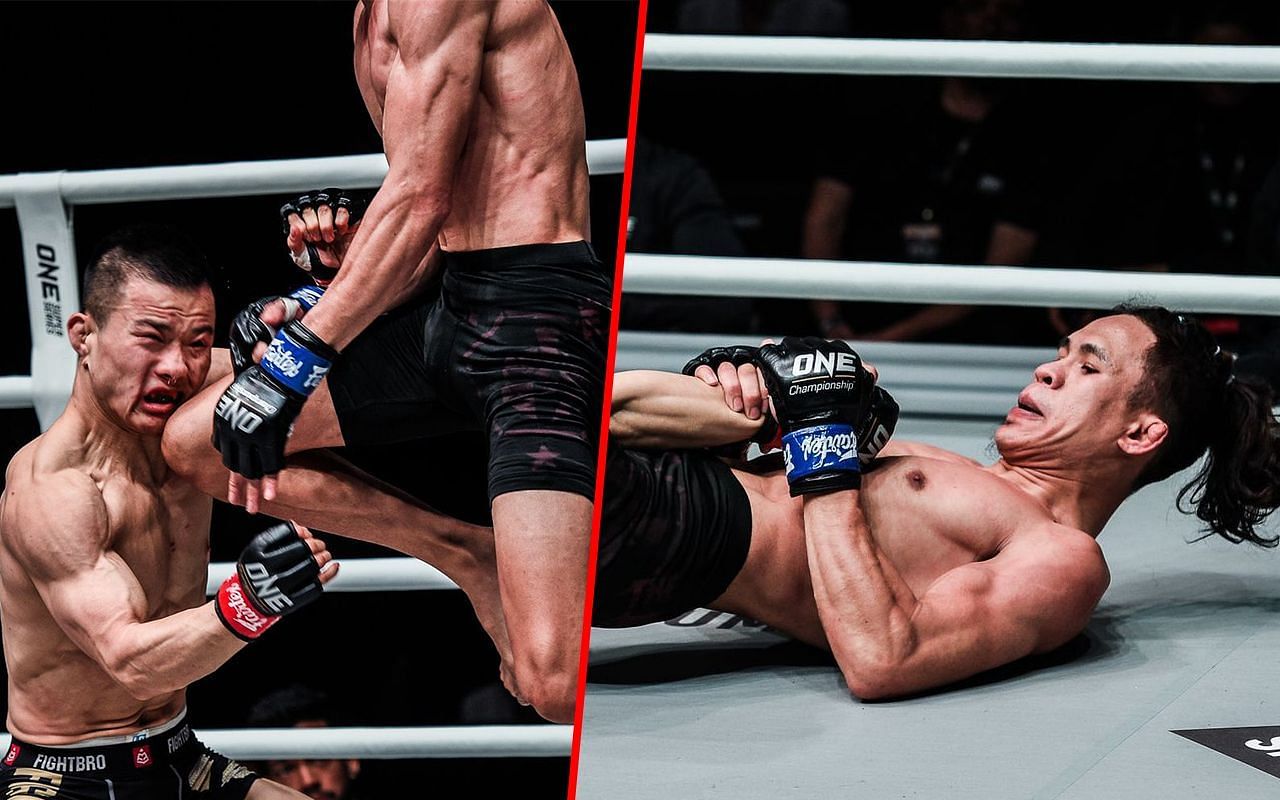 Jeremy Miado landing a flying knee to Miao Li Tao (left) and Miado with a submission attempt (right) | Image credit: ONE Championship