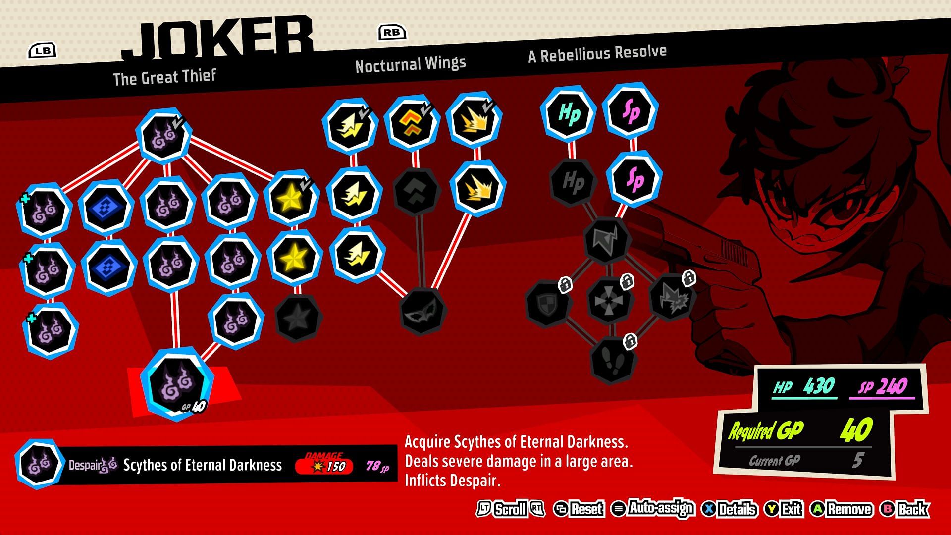 Joker&#039;s strongest skill is Scythes of Eternal Darkness (Image via Persona 5 Tactica)