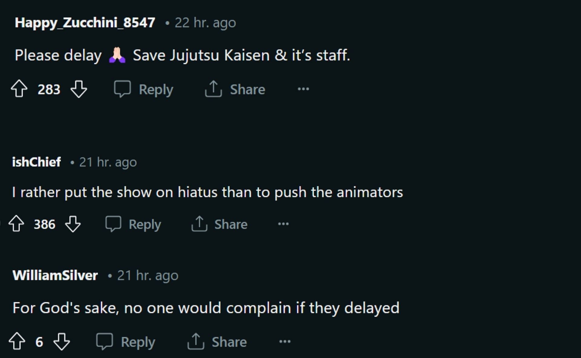 Fans want Jujutsu Kaisen to go on a hiatus (Screengrab via Reddit thread r/JuJutsu Kaisen)