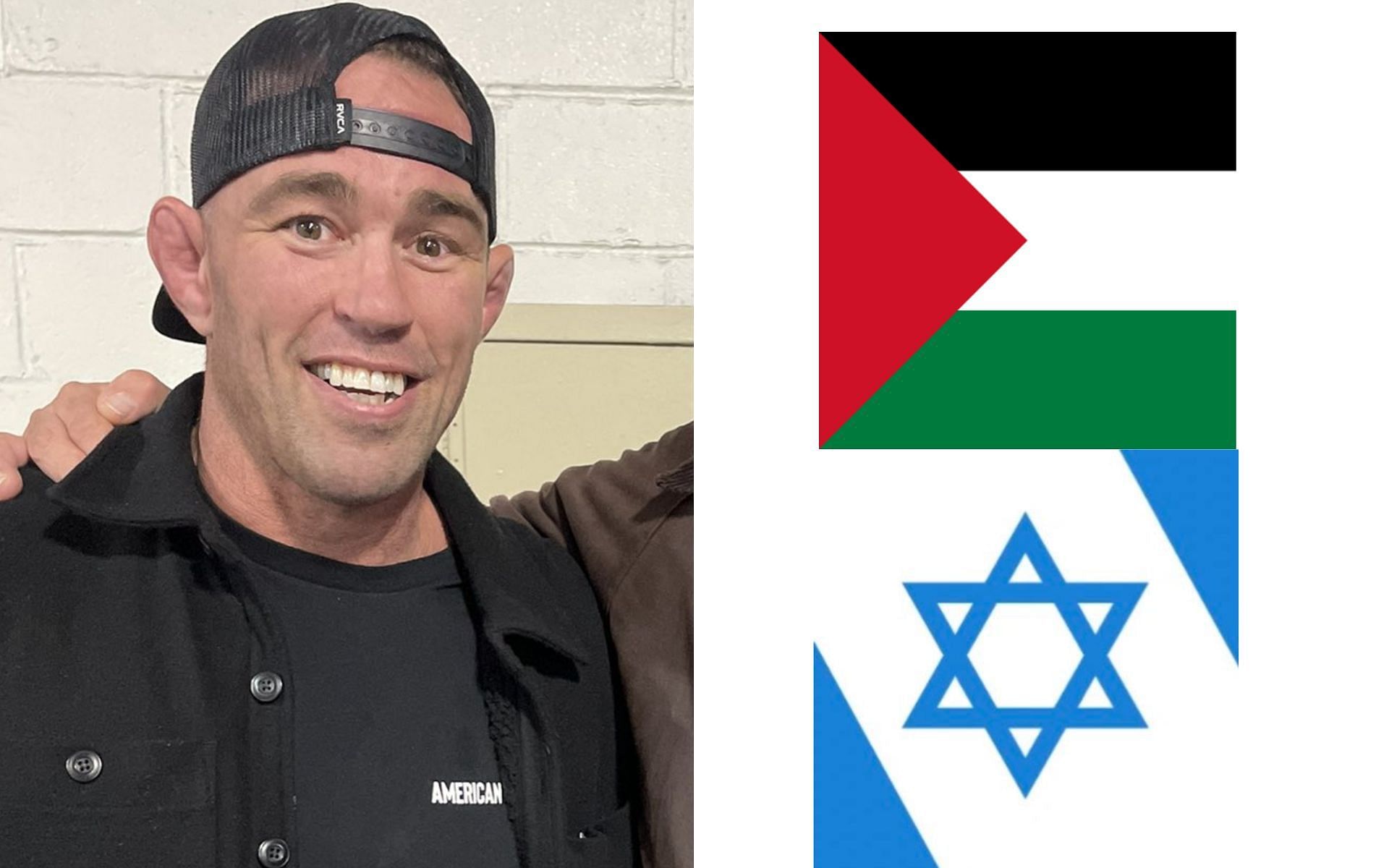 Jake Shields [Left], and Palestine and Israel flags [Right] [Photo credit: @jakeshieldsajj, @palestine, and @Israel - X]