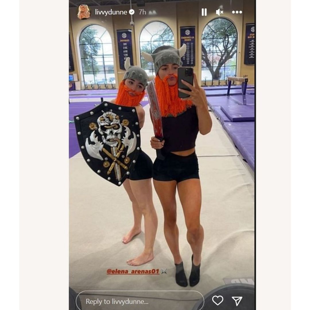 Oliva Dunne and teammate Elena Arenas dressed as Vikings for Halloween