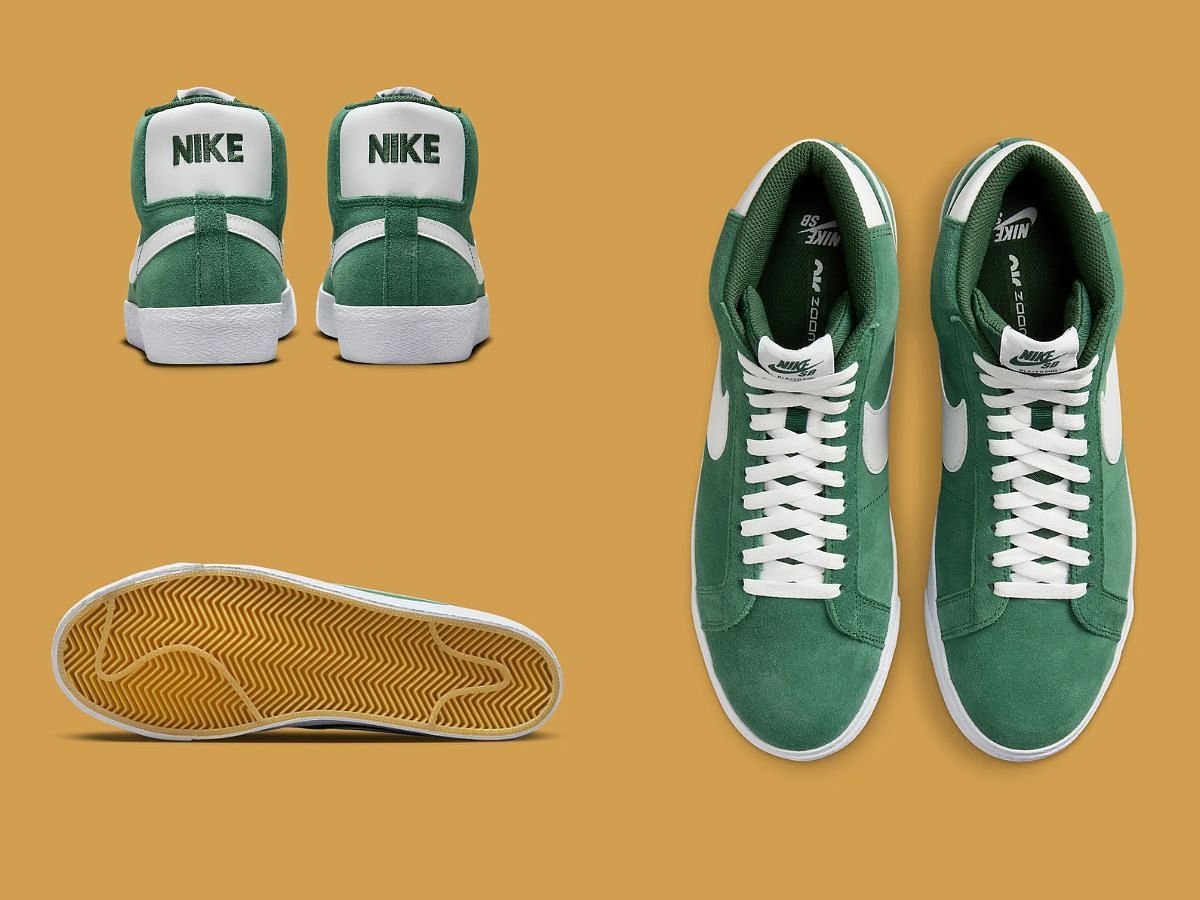 Nike SB Blazer Mid &ldquo;Green Suede&rdquo; sneakers overview (Image via Sneaker News)