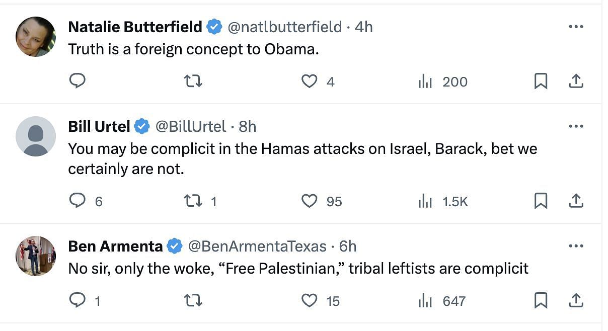 Social media users lash out at Obama as the former President speaks up about the ongoing Hamas-Israel conflict. (Image via Twitter)