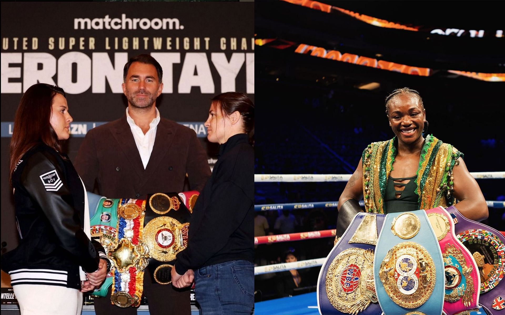 Katie Taylor facing off with Chantelle Cameron (L), Claressa Shields (R) (Image Courtesy - @claressashields, @katie_t86 on Instagram)