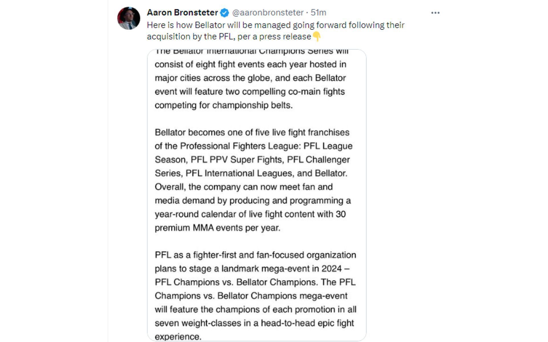 Aaron Bronsteter's tweet regarding Bellator's future