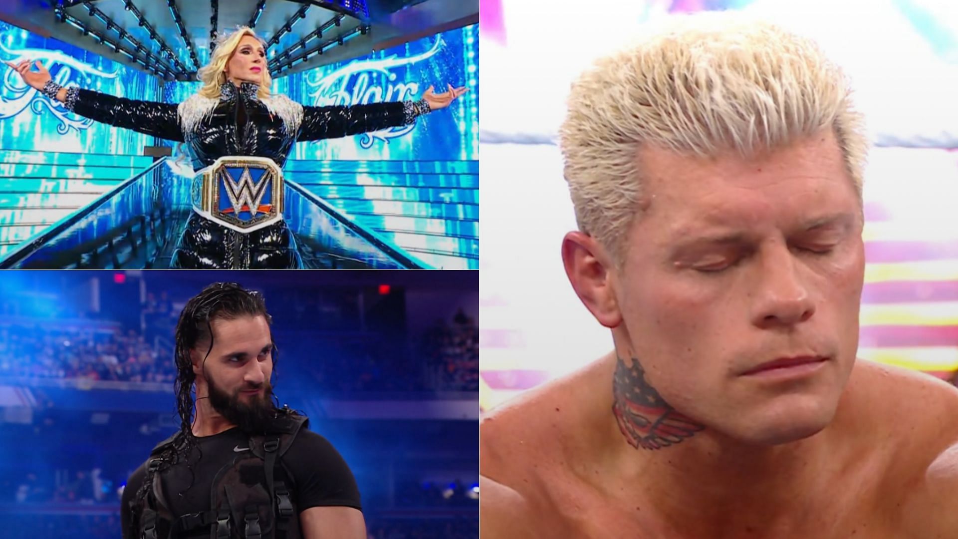 Charlotte Flair (top left); Seth Rollins (bottom left); Cody Rhodes (right)
