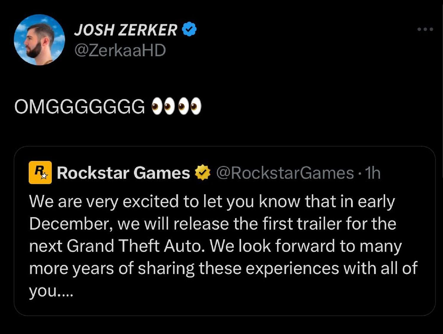 ZerkaaHD reacts to the GTA 6 trailer announcement (Image via X/@ZerkaaHD)