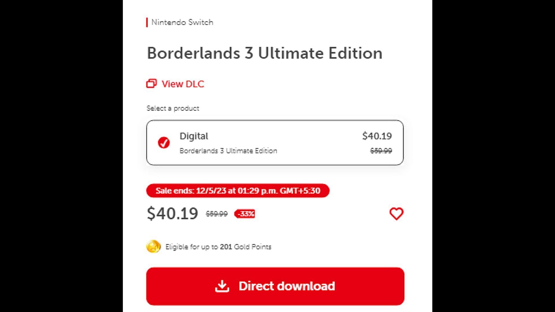 Borderland 3&#039;s Cyber Monday Deal price (Image via nintendo.com)