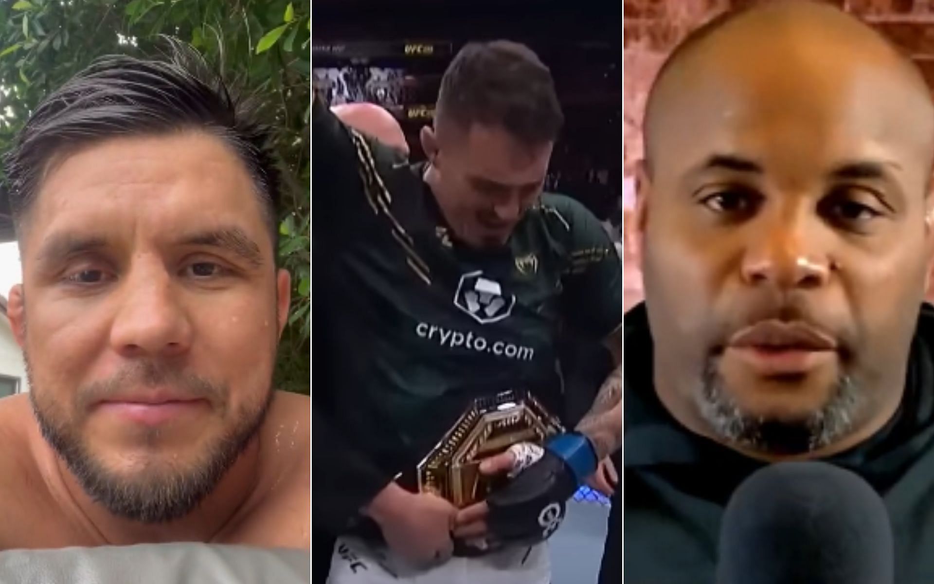 Henry Cejudo [Left], Tom Aspinall [Middle], and Daniel Cormier [Right] [Photo credit UFC - YouTube, and @HenryCejudo, and @dc_mma - X]