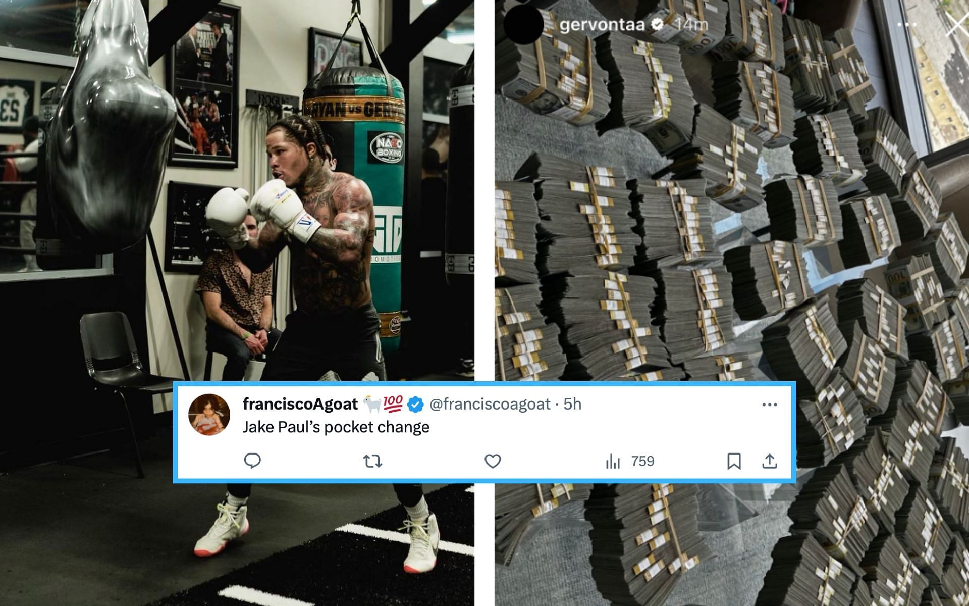 Fans reacting to Gervonta Davis (left) posting a photo of his money on Instagram (right) [Photo Courtesy @gervontaa on Instagram]