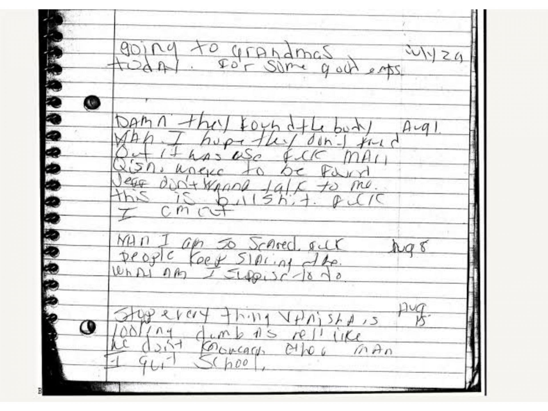 A page from Victoria Caldwell&#039;s diary written the month Jessica&#039;s body was found (Image via Kentucky Innocence Project)