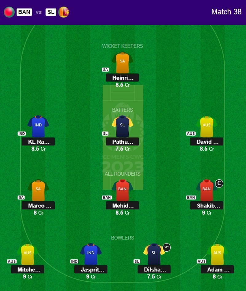 Best 2023 World Cup Fantasy Team for Match 38 - BAN vs SL