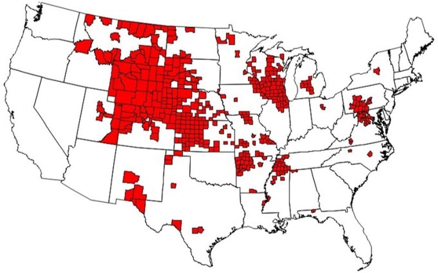 414 counties in 31 states reported CWD in free-ranging cervids as of November 2023 (Image via CDC)