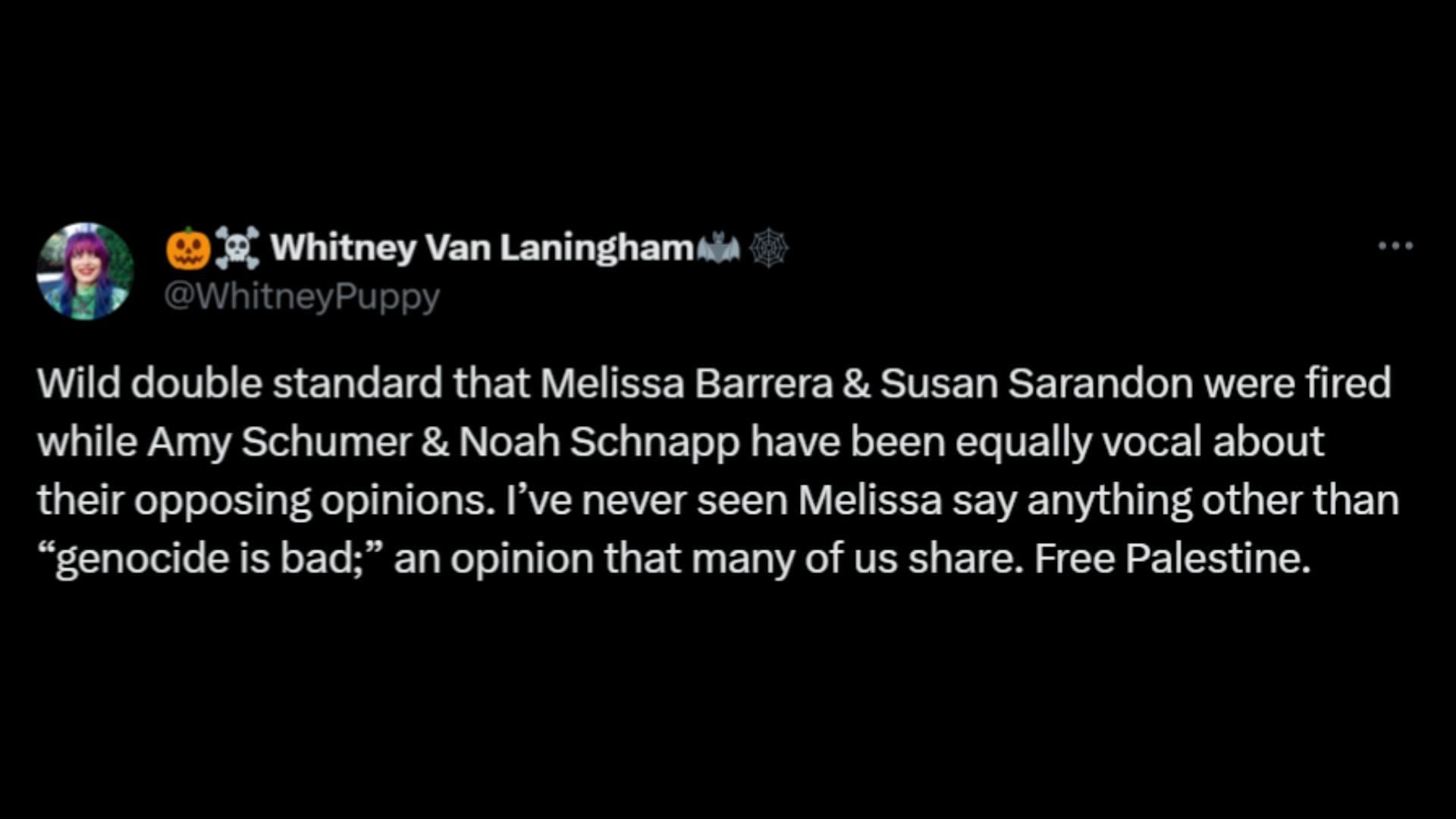 Netizens call out Hollywood for not firing Noah Schnapp or Amy Schumer but dropping Barrera for pro-Palestine posts. (Image via X/@WhitneyPuppy)