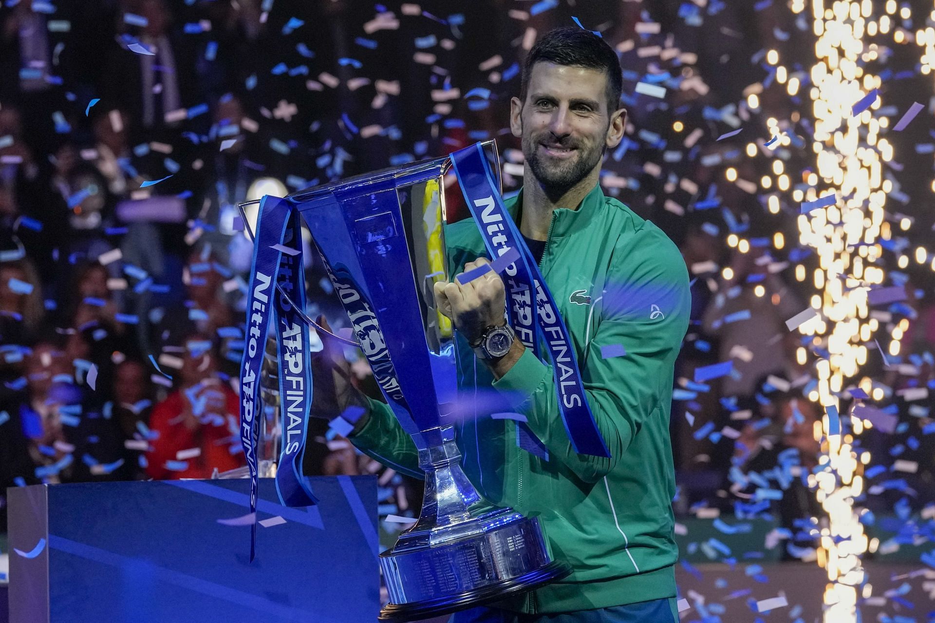 Novak Djokovic pictured after winning the 2023 ATP Finals in Turin