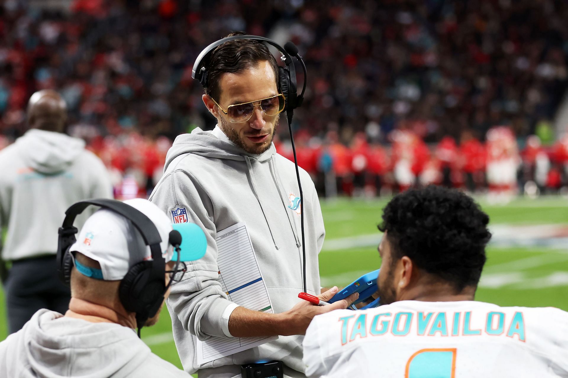 Mike McDaniel at Miami Dolphins v Kansas City Chiefs