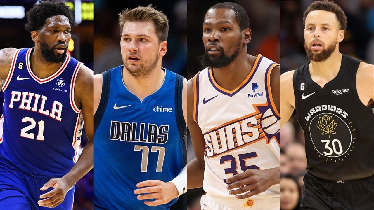 Joel Embiid, Luka Doncic, Kevin Durant, Stephen Curry (L-R)