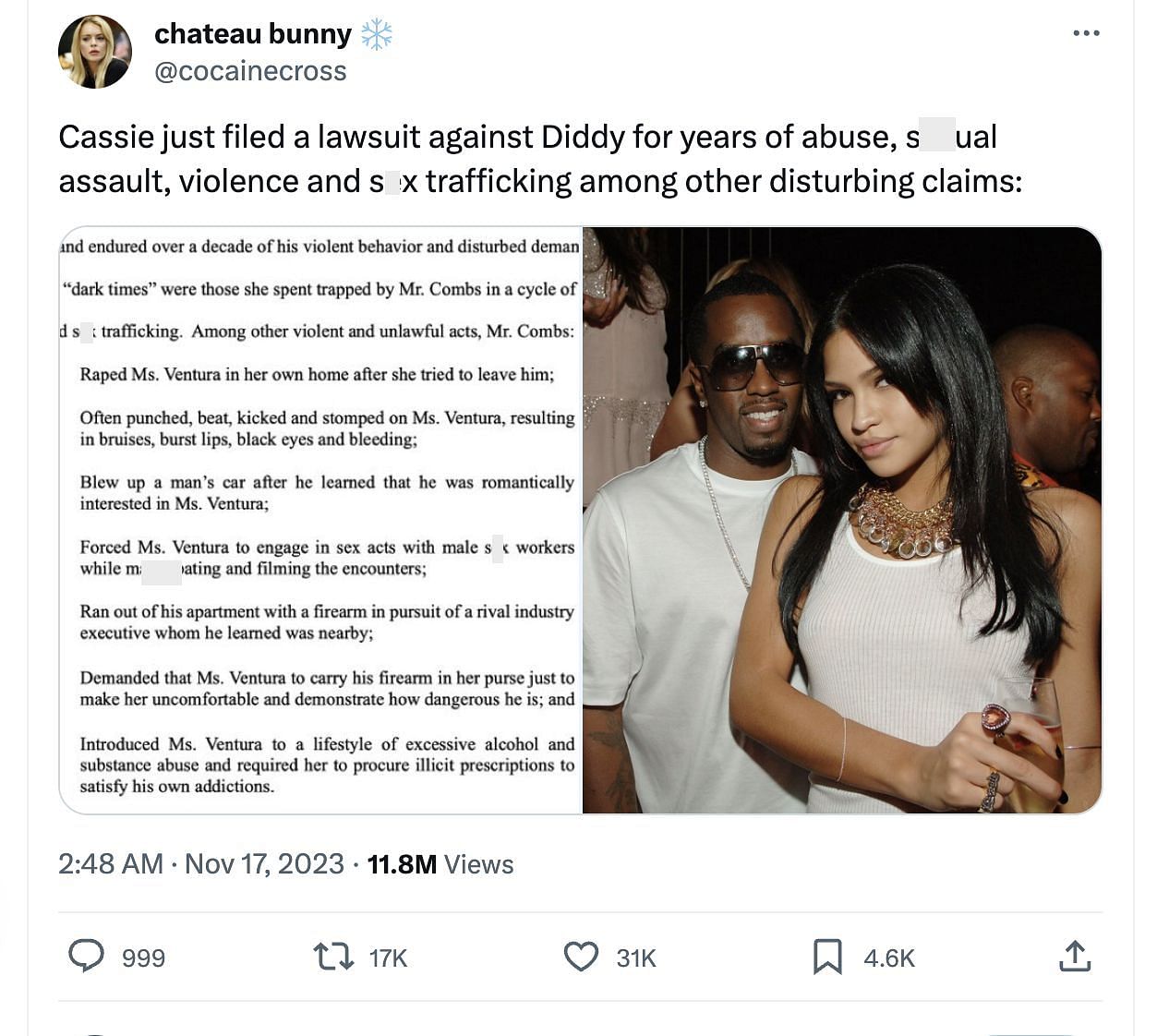 Details revealed about the model&#039;s relationship with Diddy as the lawsuit creates a rage amongst the social media users. (Image via Twitter)