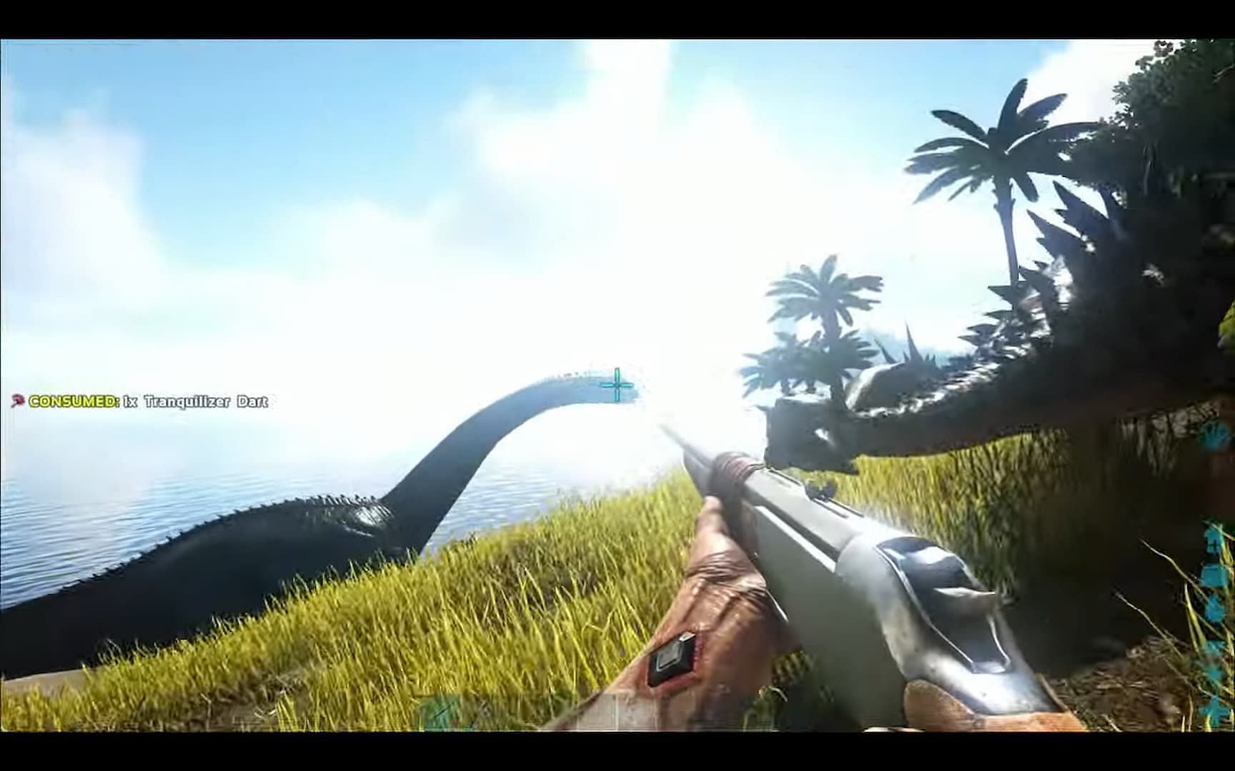 Taming a Brontosaurus is much easier if you can kite it from a cliffside (Image via Studio Wildcard)