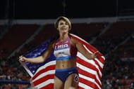 Jordan Gray of Team United States celebrates after the 800m race of the Women's Heptathlon at the 2023 Pan Am Games in Santiago, Chile.