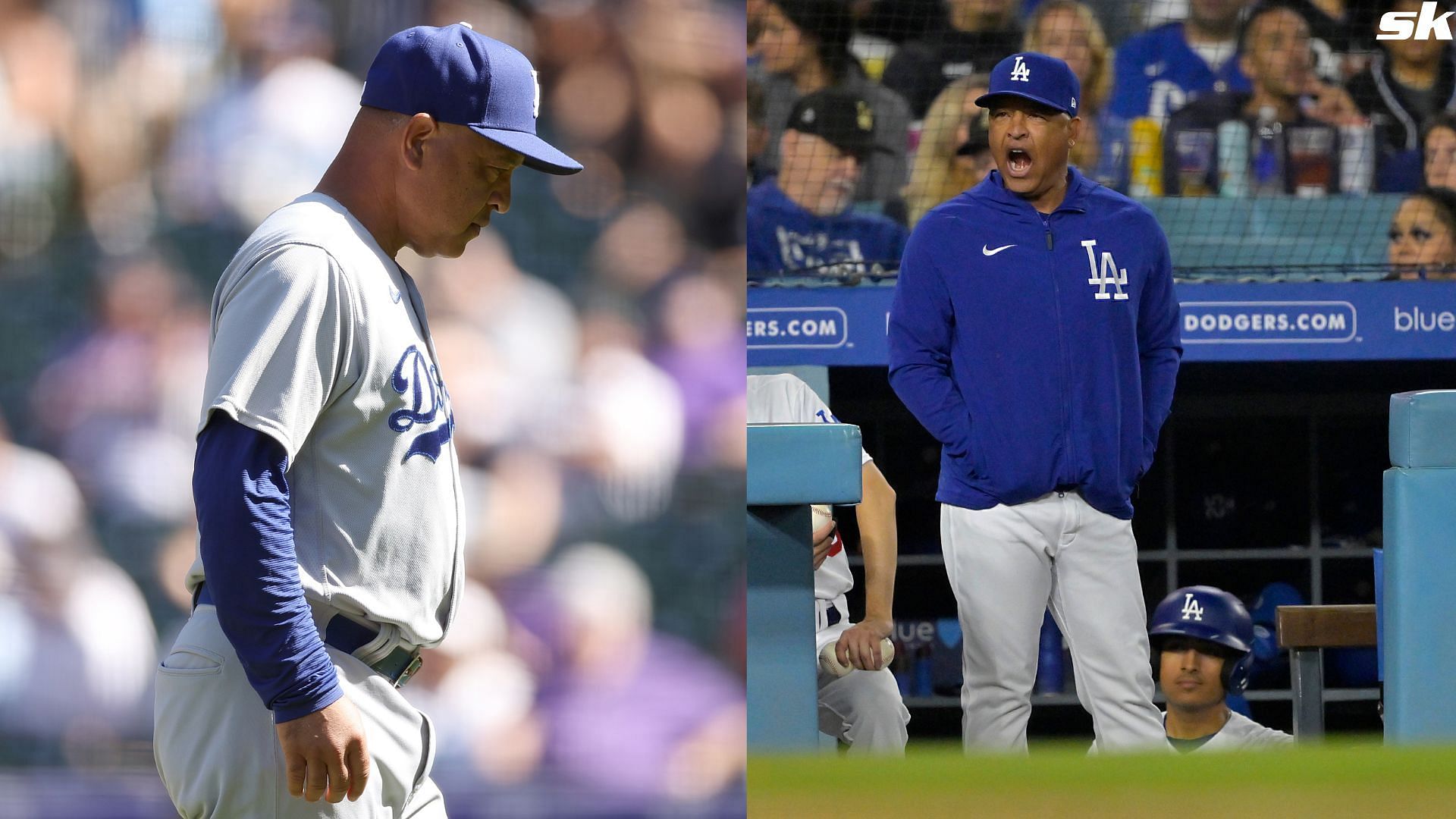 Manager Dave Roberts of the Los Angeles Dodgers yells at the home plate umpire after a call in the fifth inning against the San Francisco Giants