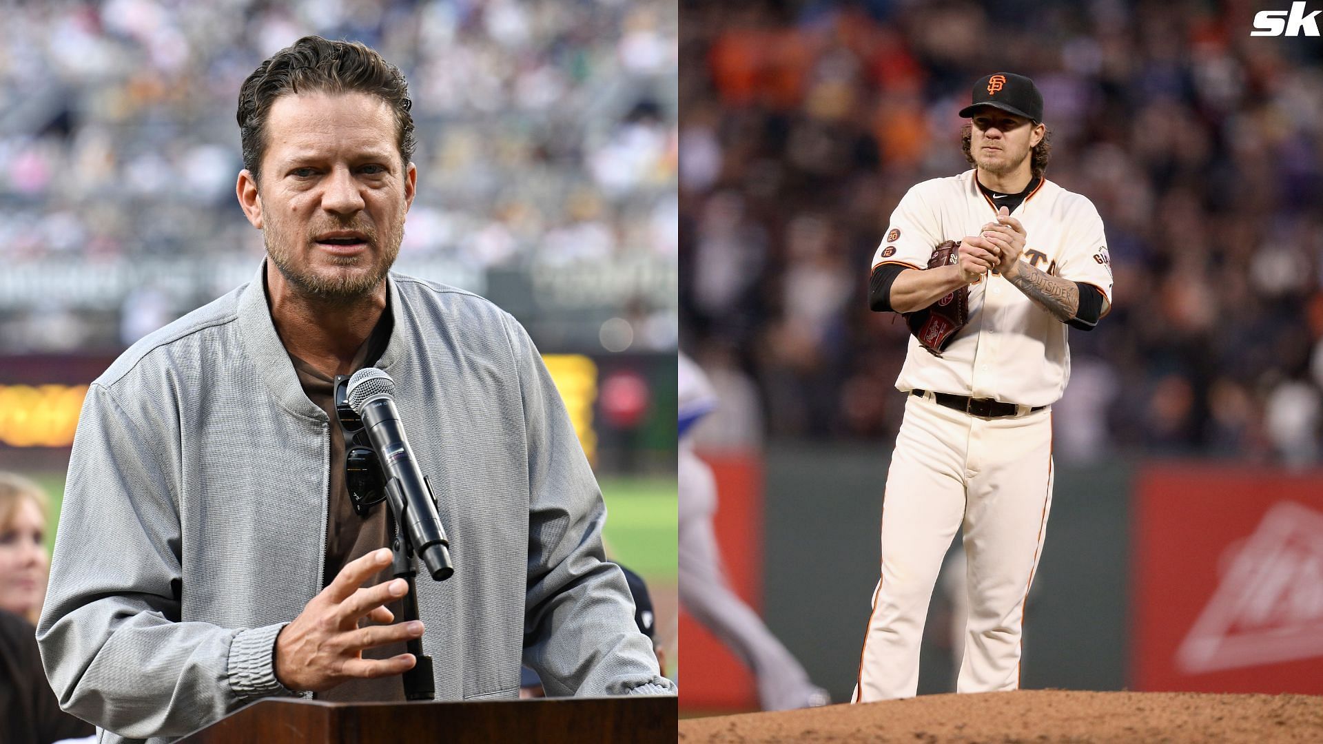 Former San Diego Padres pitcher Jake Peavy speaks at a ceremony held to induct him into the San Diego Padres Hall of Fame in July 2023