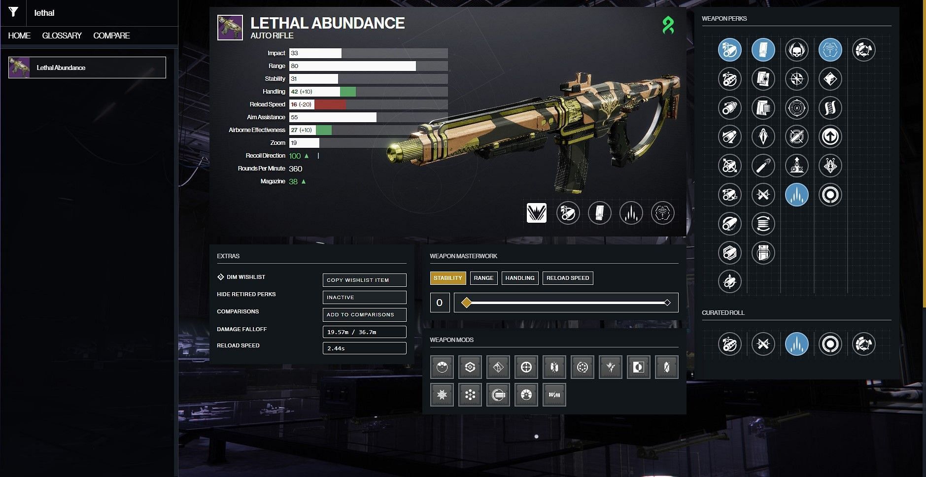 Lethal Abundance god roll for PvE (Image via D2Gunsmith)