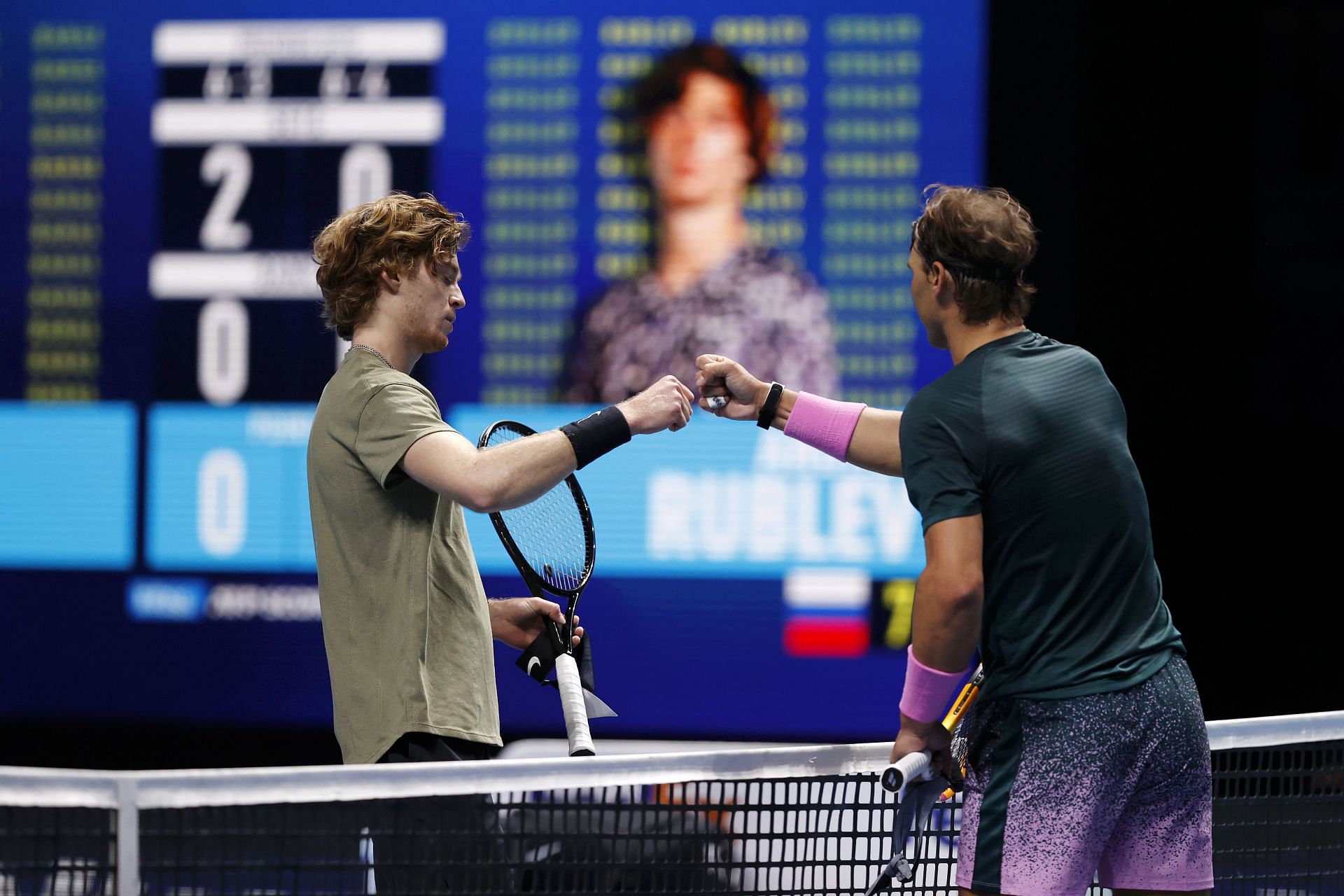 Rafael Nadal and Andrey Rublev at the 2020 ATP Finals