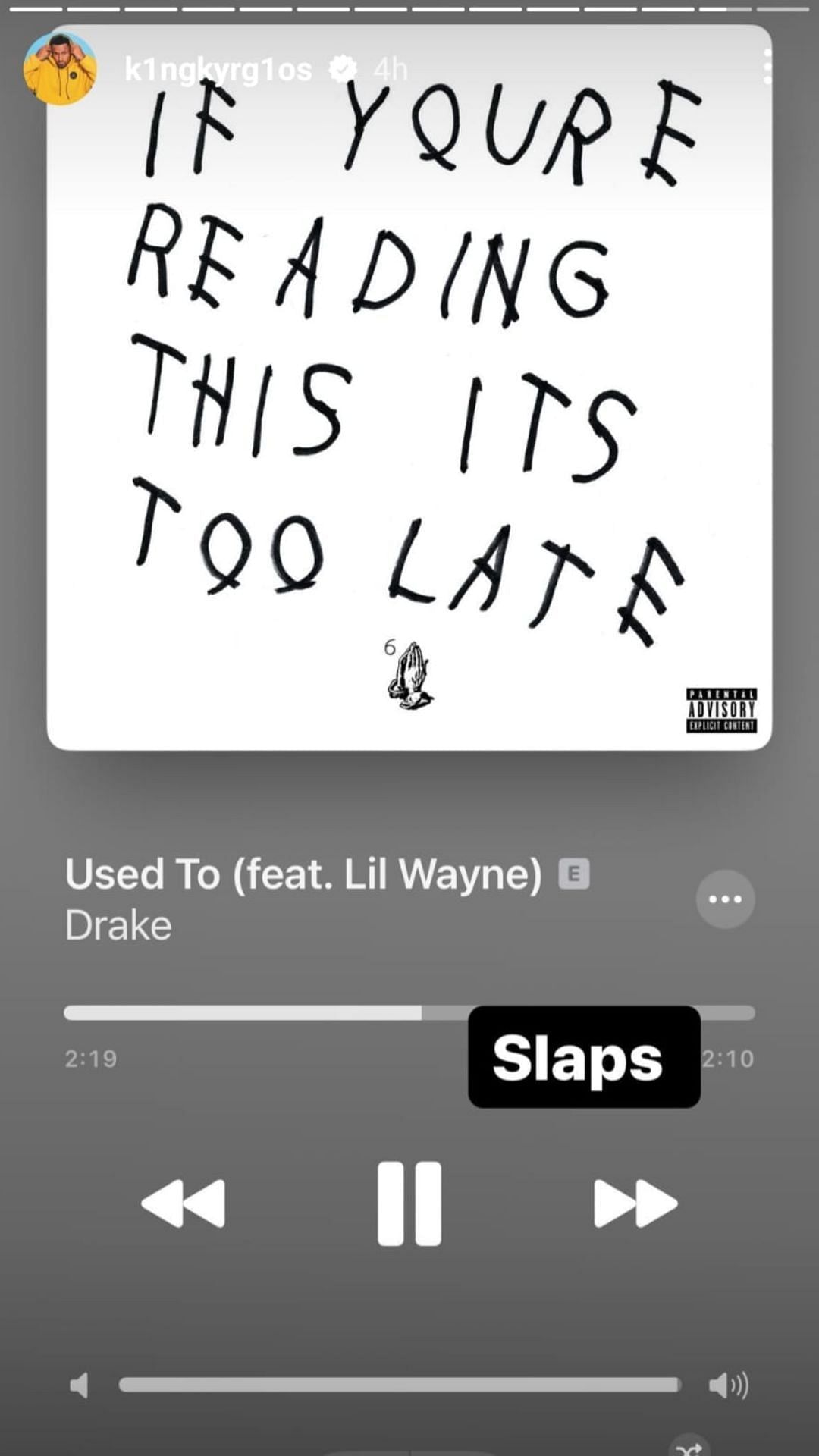 Nivk Kyrgios Instagram story with Drake&#039;s Song 