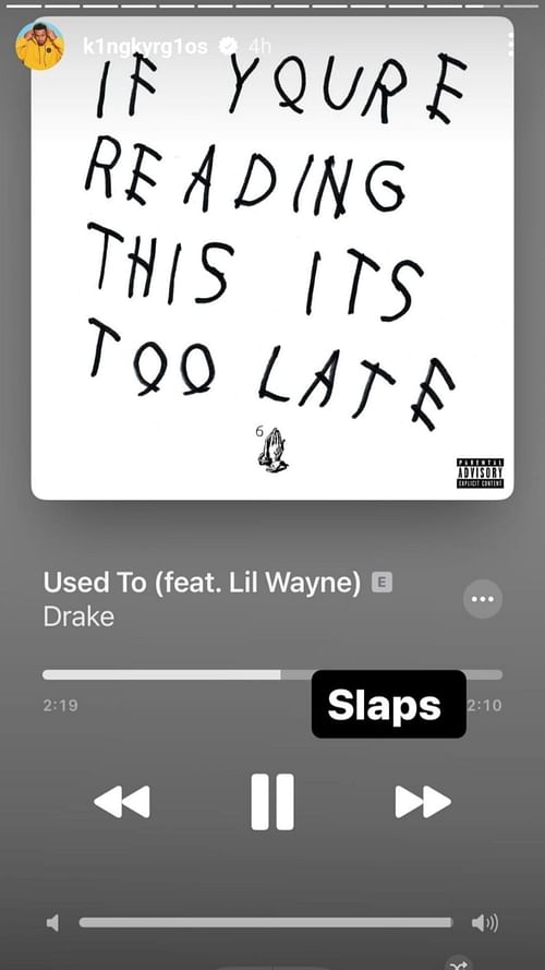 Nivk Kyrgios Instagram story with Drake's Song 