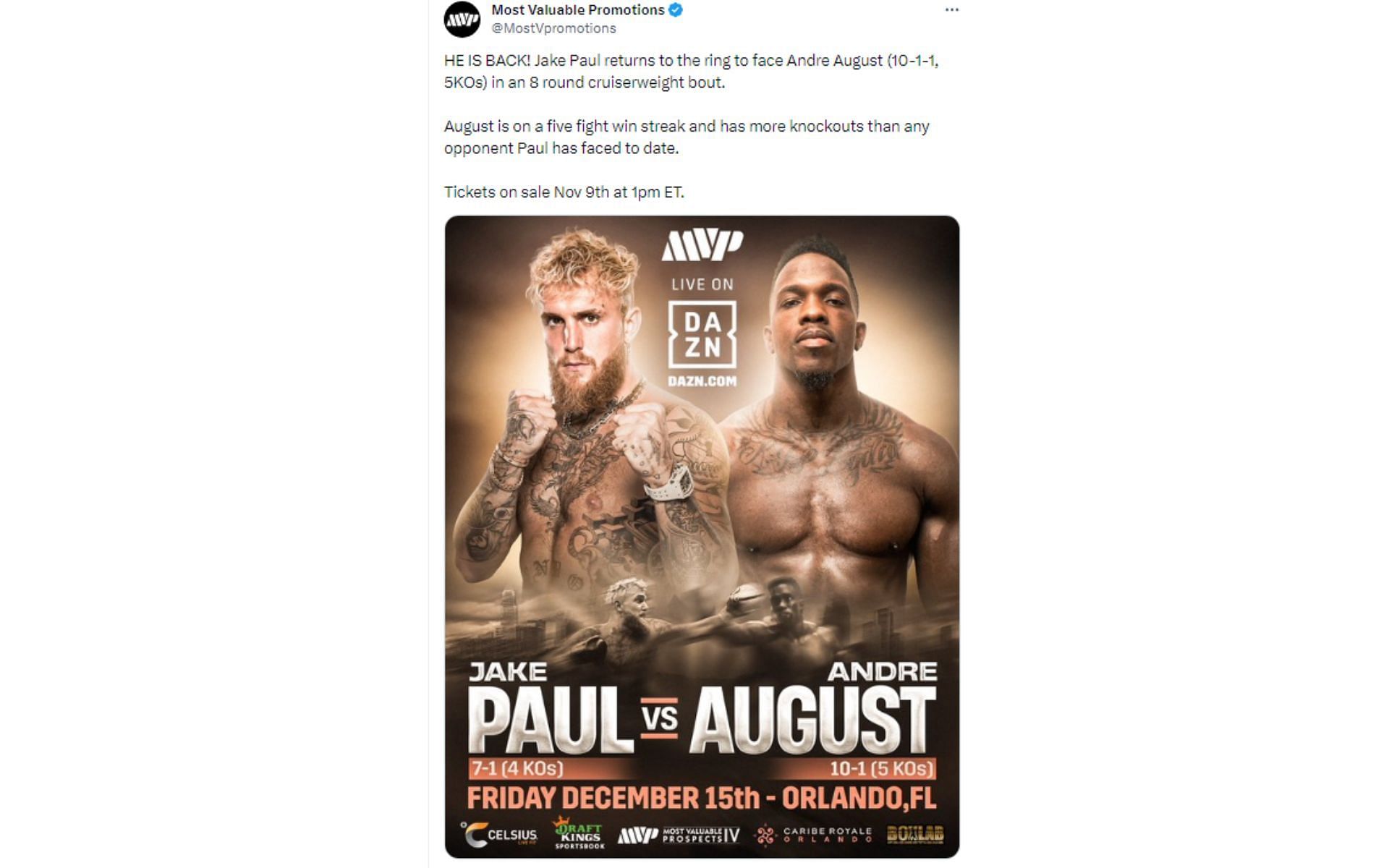 Tweet featuring official fight poster for Paul vs. August