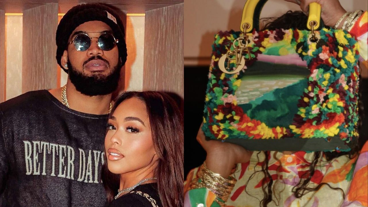 Karl-Anthony Towns with girlfriend Jordyn Woods and her Dior Lady Art handbag