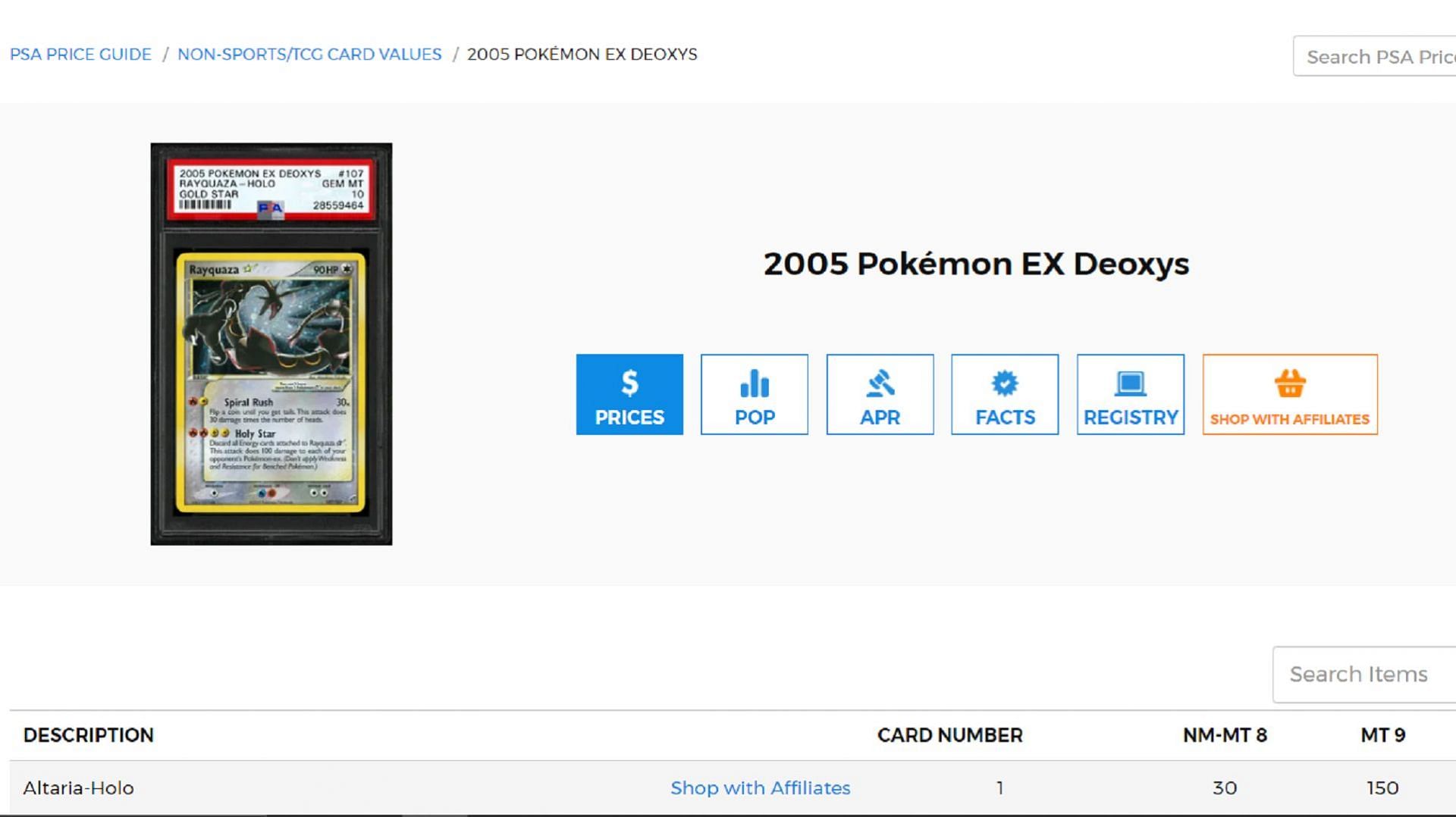 A Rayquaza Gold Star holo on PSA&#039;s price listings (Image via PSA)