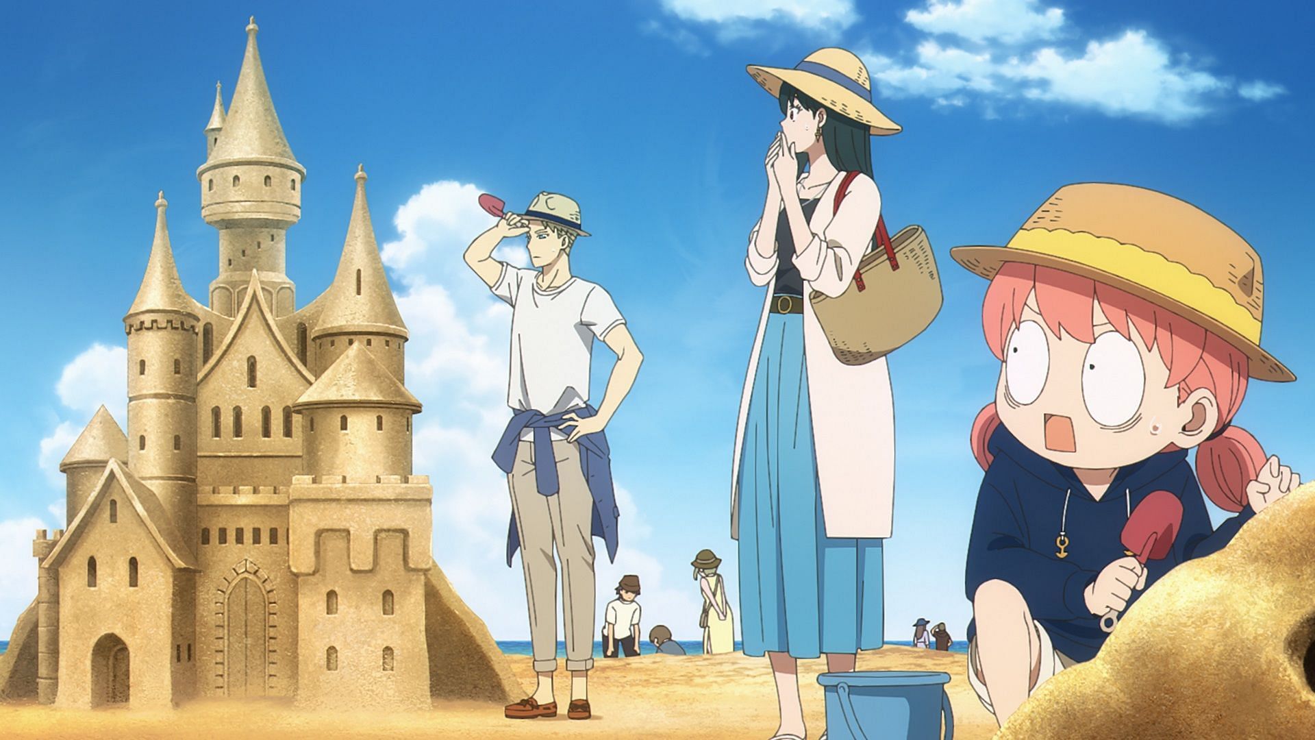 Loid, Yor, and Anya on the resort island (Image via CloverWorks and WIT)