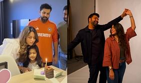 Ritika Sajdeh cuts the cake on her birthday with Rohit Sharma and daughter Samaira