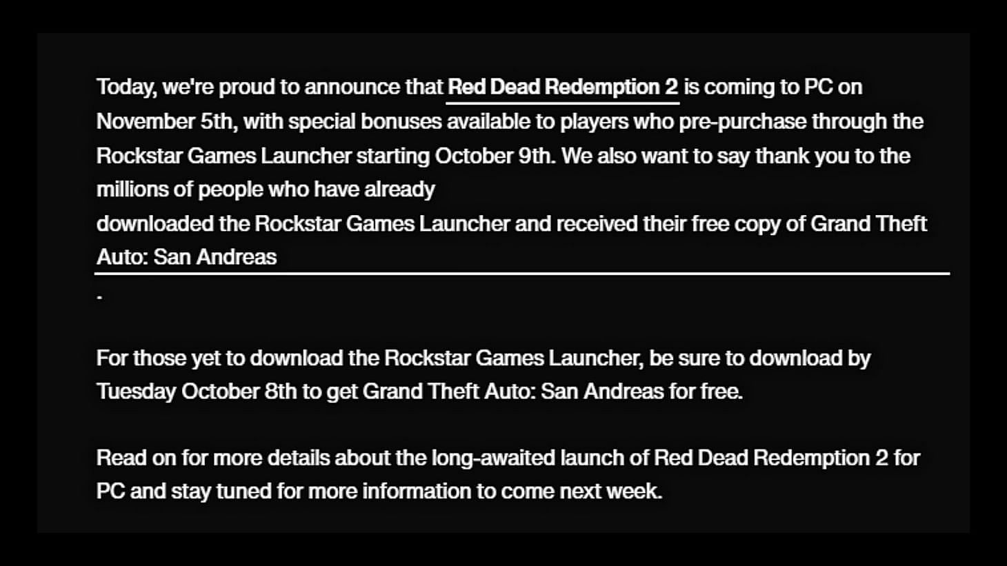 Red Dead Redemption 2 PC release date announcement. (Image via Rockstar Games Newswire)