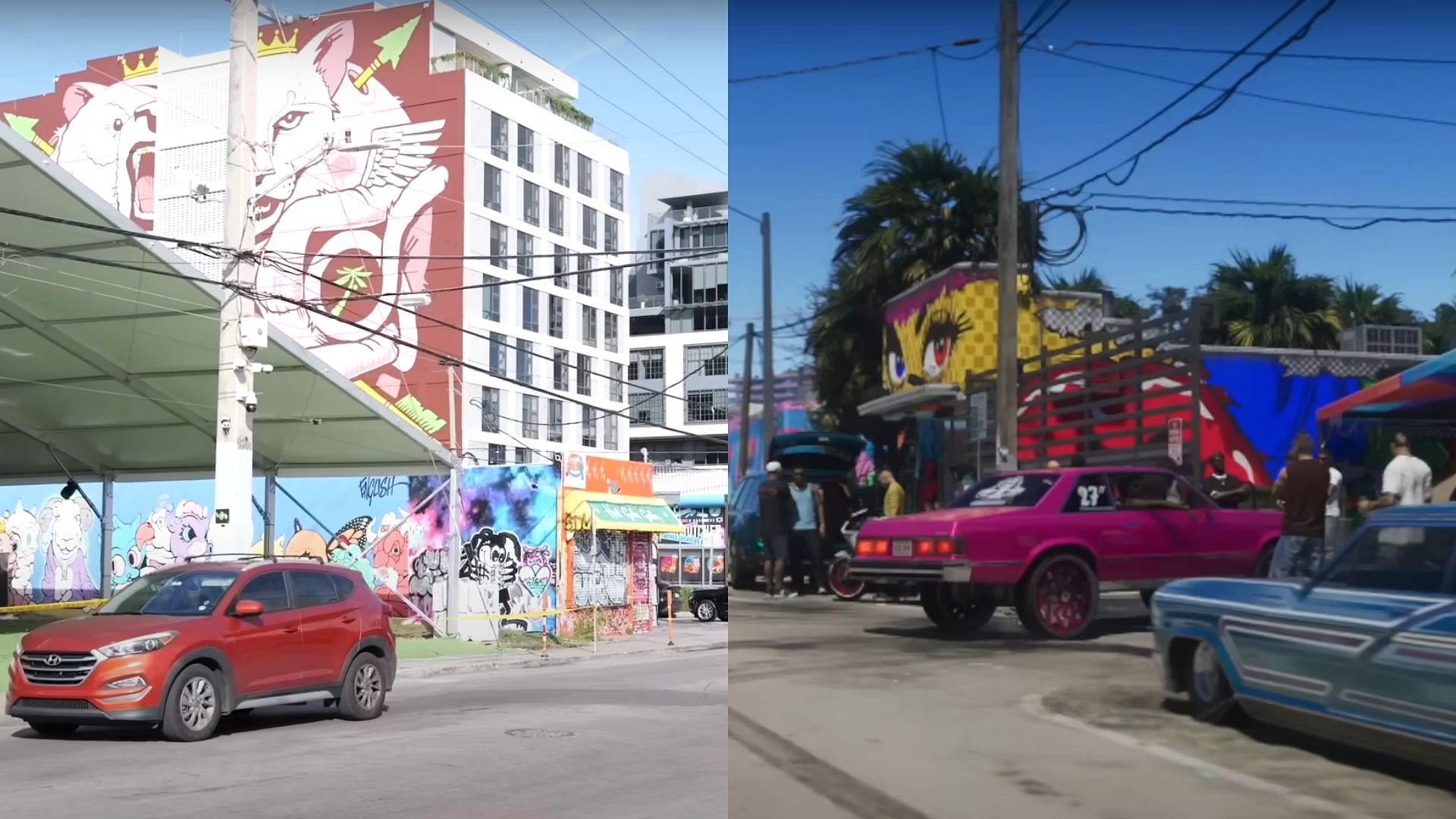 The Wynwood area as seen in the trailer. (Images via YouTube/@JoelFrancoVlogs, Rockstar Games)