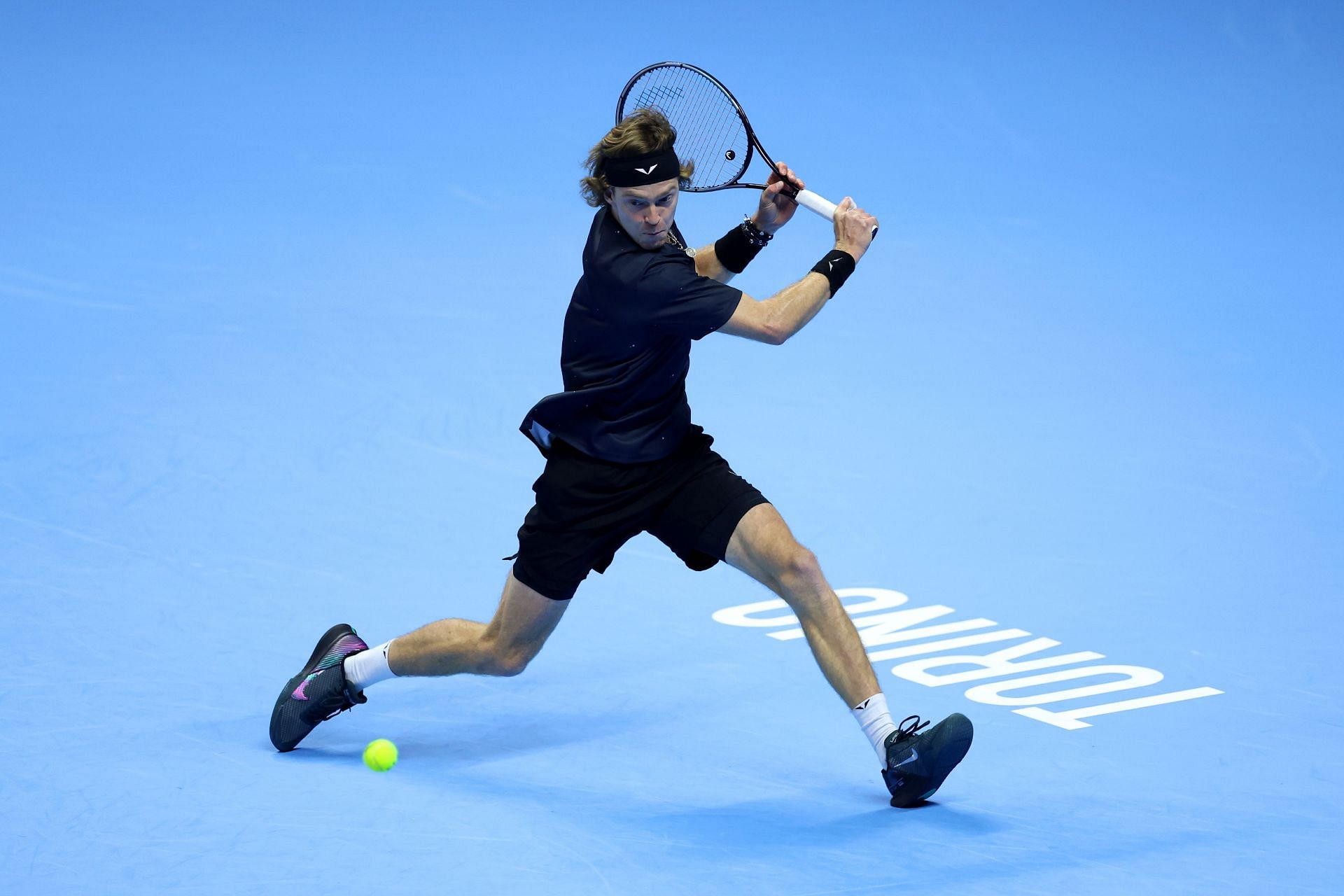 Andrey Rublev in action at the 2023 ATP Finals - Day Four