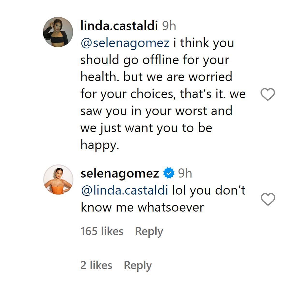 Selena reacting to the comments (Image via Instagram/ @linda.castaldi, @selenagomez)