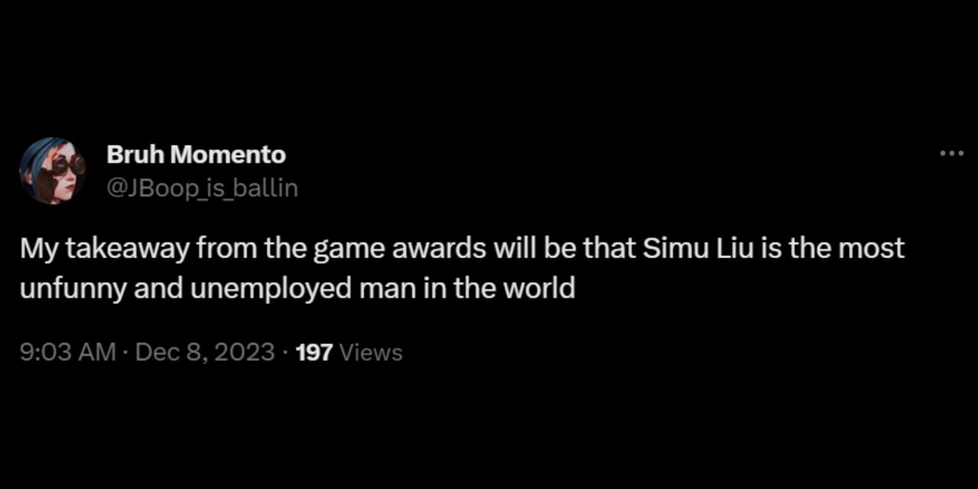 Internet reacts to the Shang-Chi actor&#039;s viral GIF at The Game Awards 2023. (Image via X/@JBoop_is_ballin)