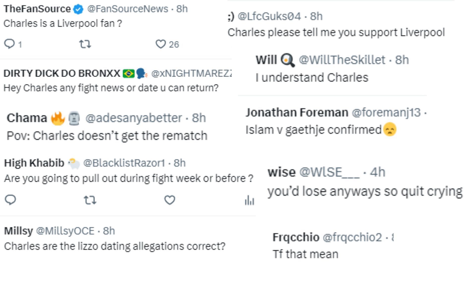 Screenshot of fan reactions to Oliveira&#039;s tweet