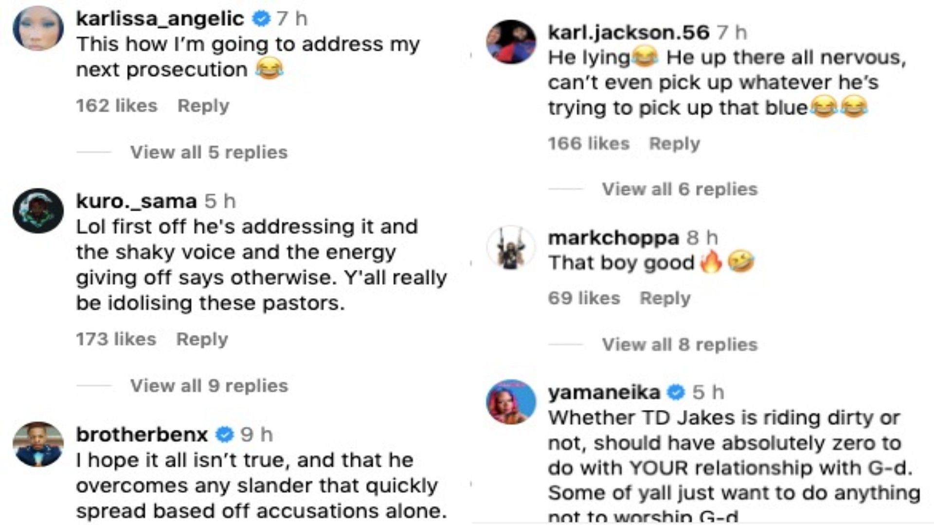 Reactions to TD Jakes sermon (Image via Shaderoom comments/Instagram)